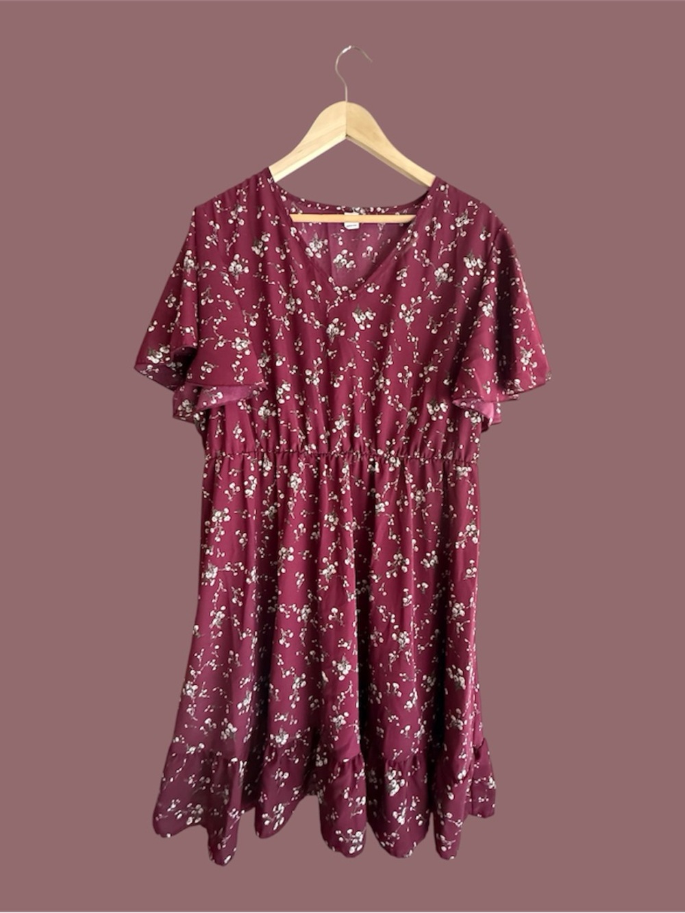 SHEIN Burgundy Floral V‑Neck Short Sleeve Dress